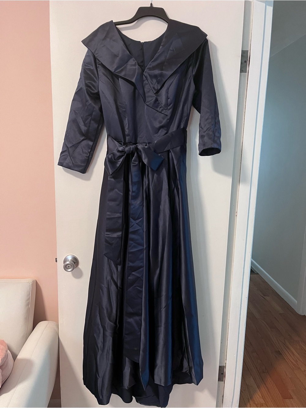 Navy Satin Long Belted Dress